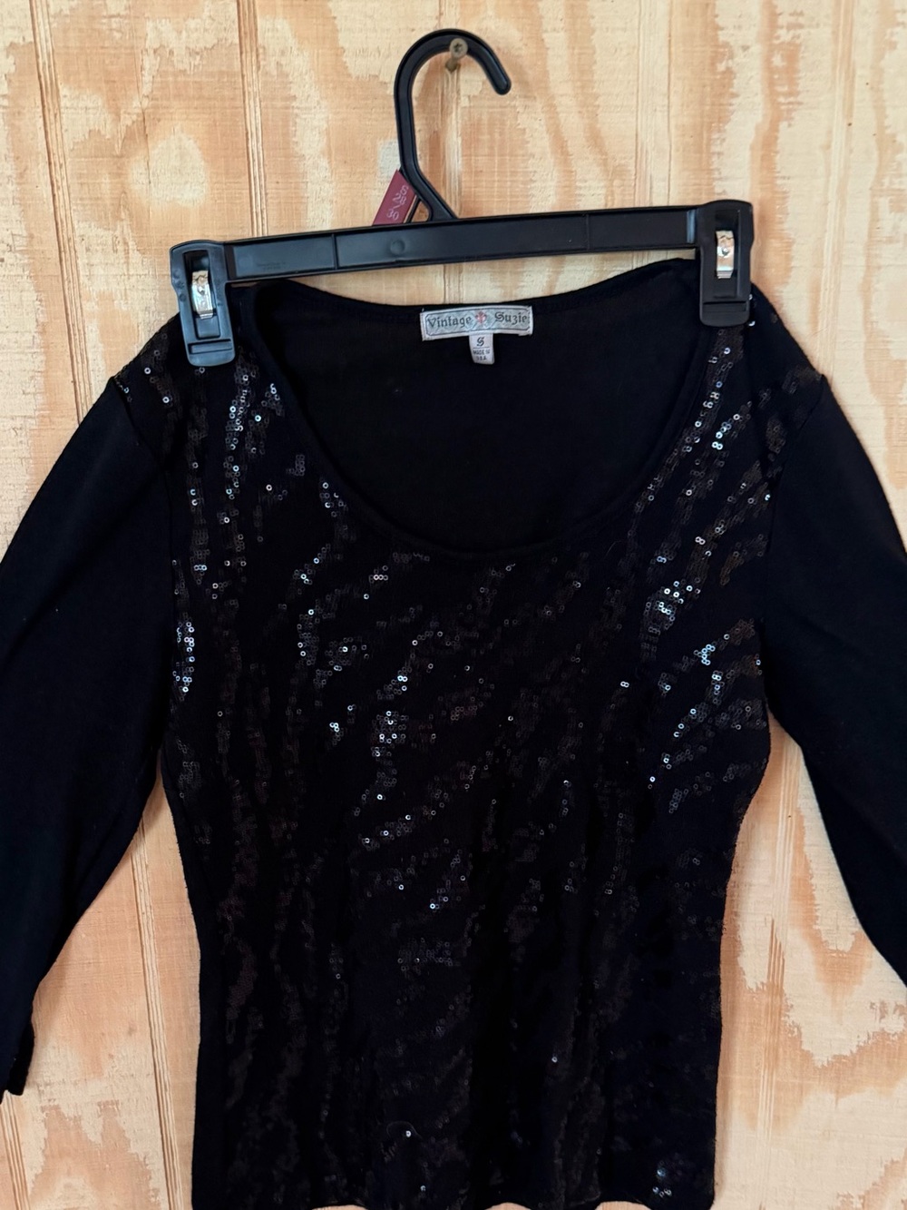 Vintage Suzie Black Sequin Scoop Neck Long Sleeve Top